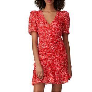 Parker Red Silk Chiffon Mini Dress SIZE 10 Faux Wrap Floral Ruffle Romantic $400